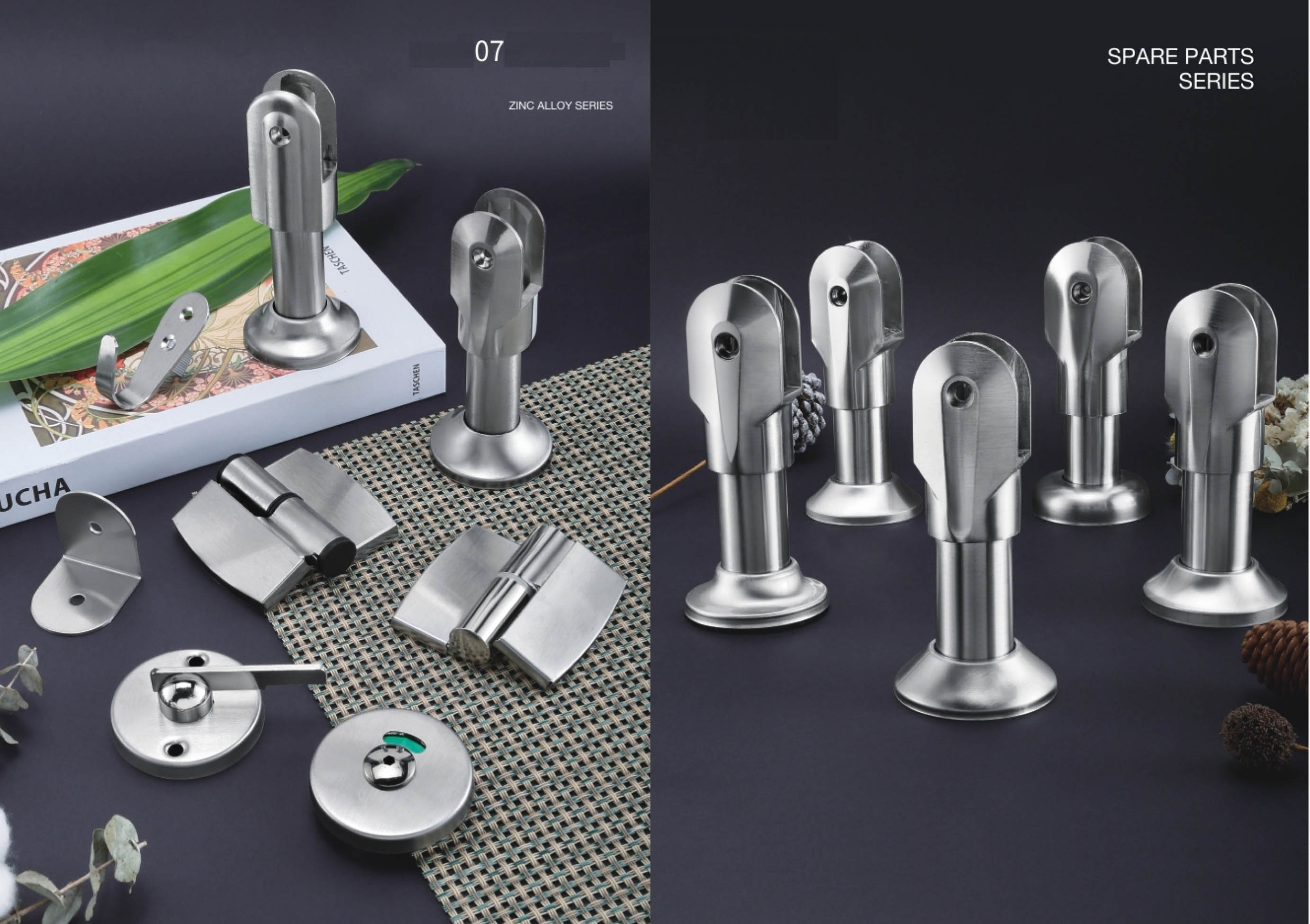 Stainless steel toilet partition hardware system including hinges, locks, support legs and connectors for commercial restroom cubicles